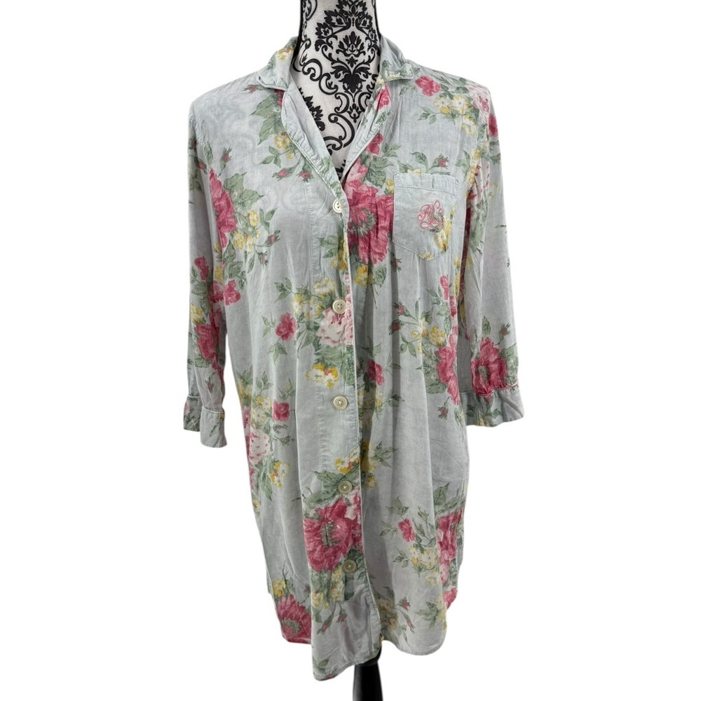 Lauren Ralph Lauren Floral Embroidered Soft Cotton Rayon Button-Up Nightshirt - Picture 2 of 16